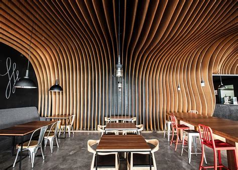 Oozn Design Cover Indonesian Cafe Ceiling With Undulating Timber Slats