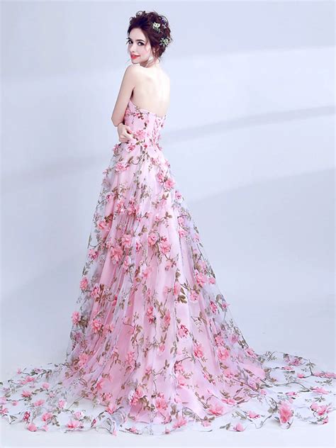 Strapless Pink 3d Floral Long Prom Dresses Pink 3d Floral Long Formal Shegown