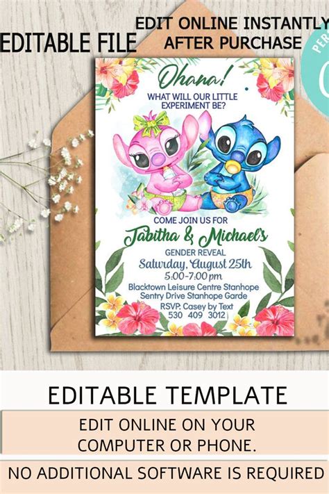 Lilo And Stitch Gender Reveal Invitation Baby Shower Hawaiian Party