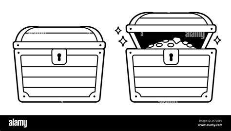 Cartoon Treasure Chest Set Open And Closed Black And White Line