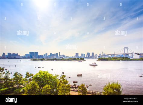 Tokyo Sunset Skyline Panorama With Rainbow Bridge And Bay View From