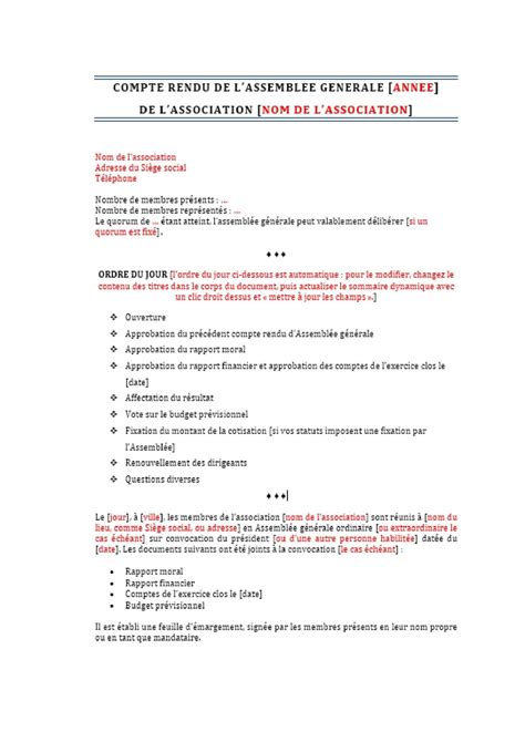 Modèle compte rendu d assemblée générale d association loi 1901