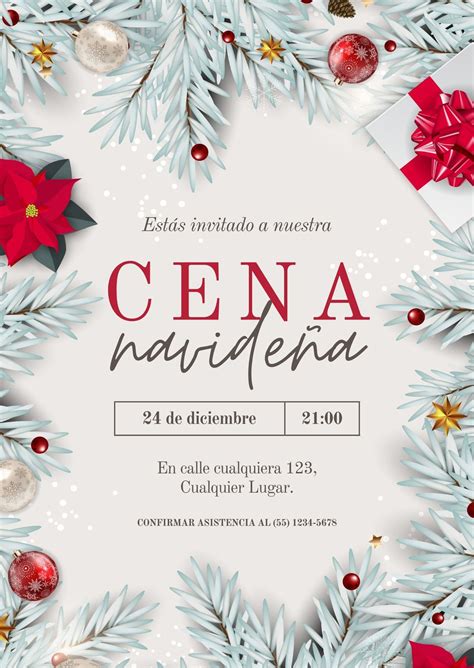 Invitación Vertical Cena Navidad Elegante Blanco Templates by Canva