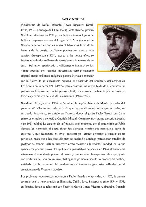 Pablo Neruda BIOGRAFIA PABLO NERUDA Seudónimo de Neftalí Ricardo