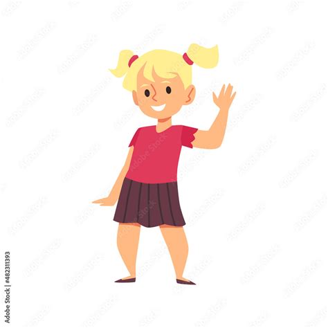 Little blonde girls with pigtails waving hello, kindergarten childcare character design. White ...