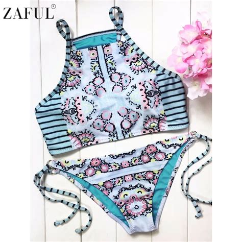 Zaful Women Cute High Neck Striped Floral Print String Bikini Set