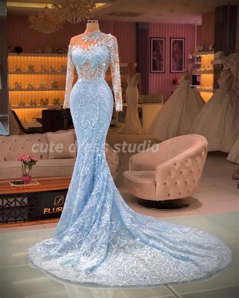 Elegant Light Blue Mermaid Evening Dresses Long Sleeves High Neck Lace