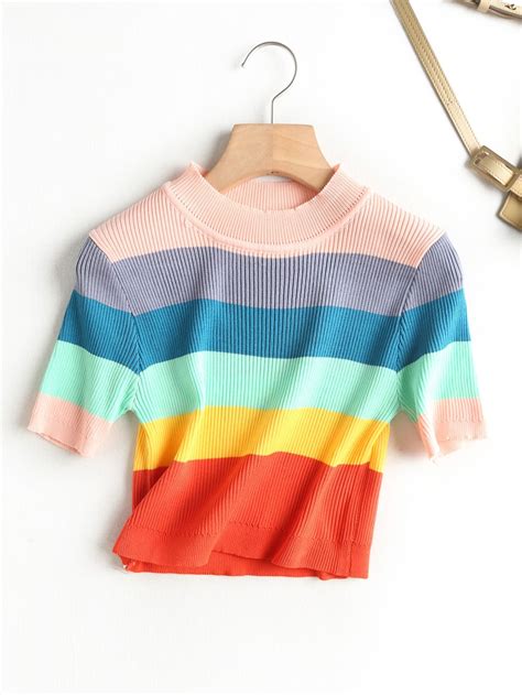 Rainbow Striped Crop Knit Top Girls Fashion Clothes Rainbow Striped