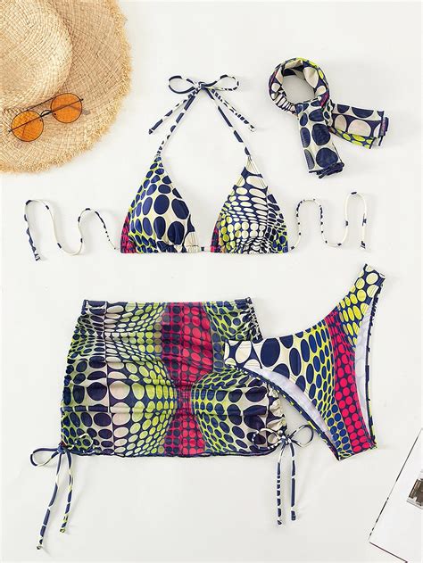 Conjunto de bikini de lunares digitales Sujetador de triángulo halter y parte inferior de bikini