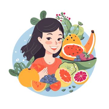 Eating Healthy Foods Vector, Sticker Clipart The Young Woman Is Surrounded By Different Kinds Of ...