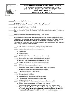 Fillable Online Co Pine Mn Preliminary Plat Checklist And Application