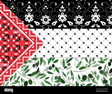 PALESTINE flag from ornaments and olives and Palestinian scarf which called in arabic kufiya ...