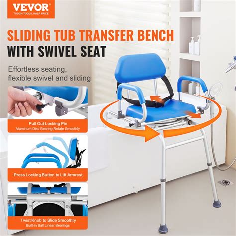 Vevor Sliding Tub Transfer Bench Shower Chair With 360 Degree Swivel