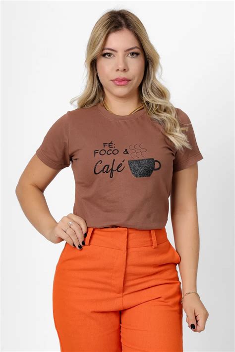 T Shirt Xicara Bordada Fe Foco E Cafe Marrom Atacado Tshirt Use