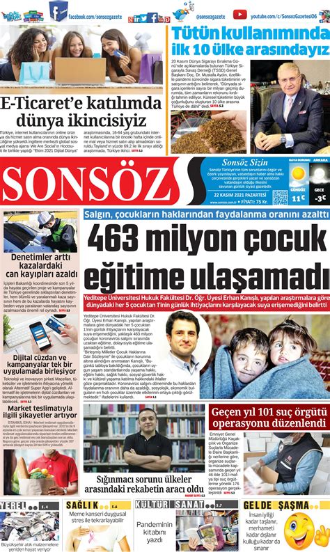 Sonsöz Gazetesi 22 Kasım 2021 Pazartesi Günü Manşeti