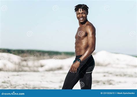 Portrait African American Man Fitness Athlete With Muscular Naked