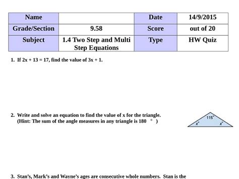 G9 1 4 Homework Quiz Math Algebra Showme