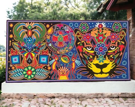 Huichol Yarn Painting Deer And Jaguar Mexican Wall Art Wixarika