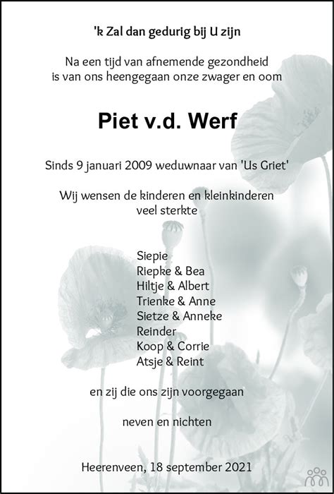 Piet Van Der Werf Overlijdensbericht En Condoleances