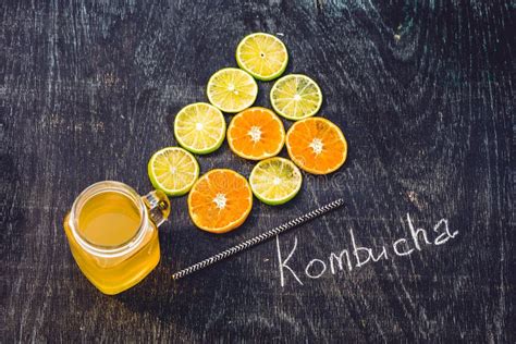 Homemade Fermented Raw Kombucha Tea Ready To Drink With Orange And Lime