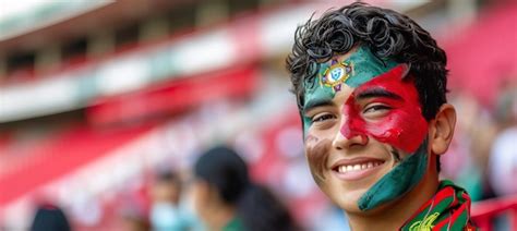 Premium Photo Cheering Portugal Fan With Face Paint Blurry Stadium