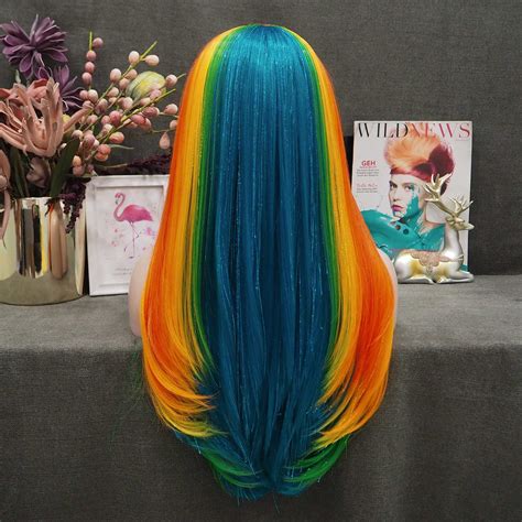 Pride Rainbow Color With Gold Tinsel Long Straight Synthetic Lace Front Wig Rainbow Hair