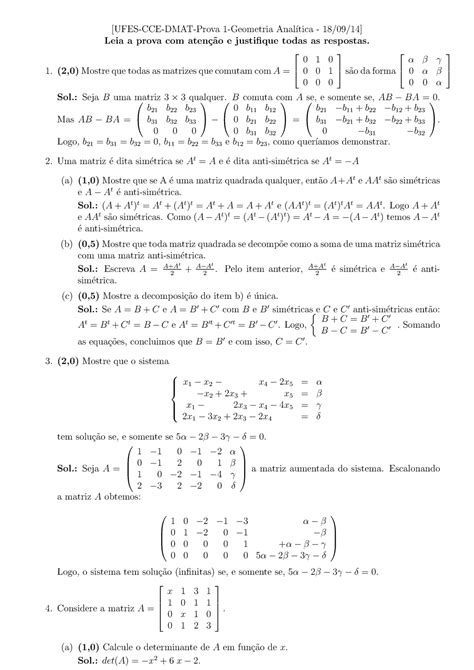 Prova 2014 questões e respostas UFES CCE DMAT Prova 1 Geometria