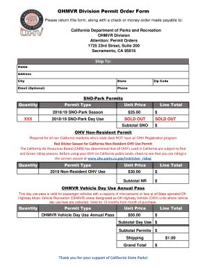 Fillable Online Ohv Parks Ca OHMVR Division Permit Order Form Fax Email