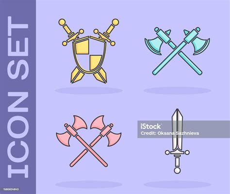 Set Medieval Sword Medieval Shield With Crossed Swords Crossed Medieval Axes And Crossed