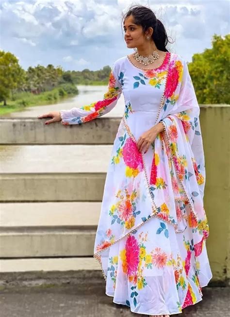 Buy Faux Georgette Printed Anarkali Gown With U Neck And Full Sleeve