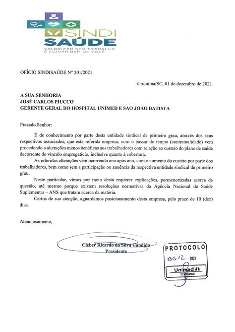 Ofício Encaminhado A Unimed Sobre O Plano De Saúde Notícias E Eventos