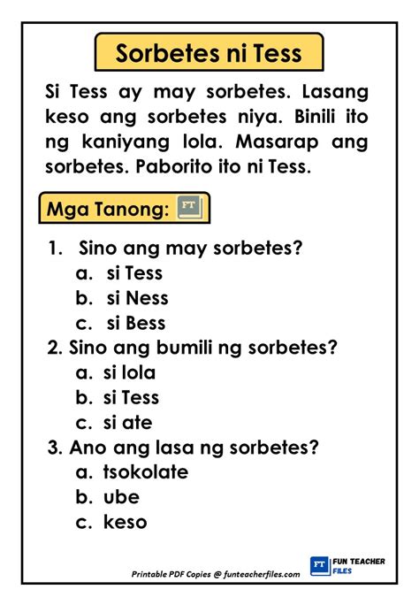 Filipino Reading Materials With Comprehension Questions Set 3 Fun Teacher Files