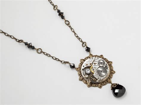 Steampunk Necklace Silver Watch Movement Gears Gold Filigree Bee