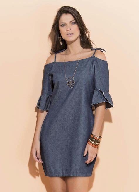 Quintess Vestido Quintess Jeans Com Babado Nas Mangas Denim Fashion