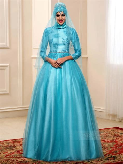 Blue Long Sleeve Muslim Evening Dresses 2016 High Collar Lace Appliques