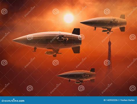 Vintage Airship Zeppelin In The Sky 3d Illustration Stock