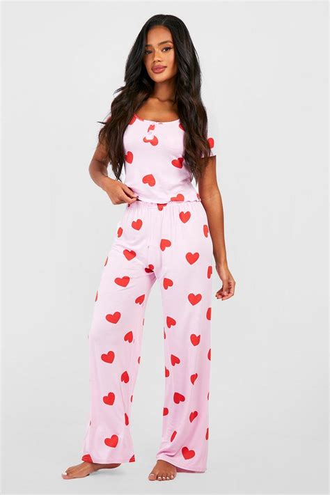 Heart Print Button Front Pjs Boohoo Uk