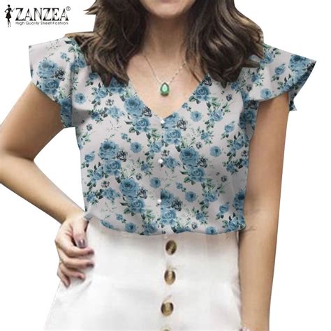 Zanzea Women Vintage V Neckline Quarter Stretch Print Ruffle Sleeves Blouses Shopee Philippines