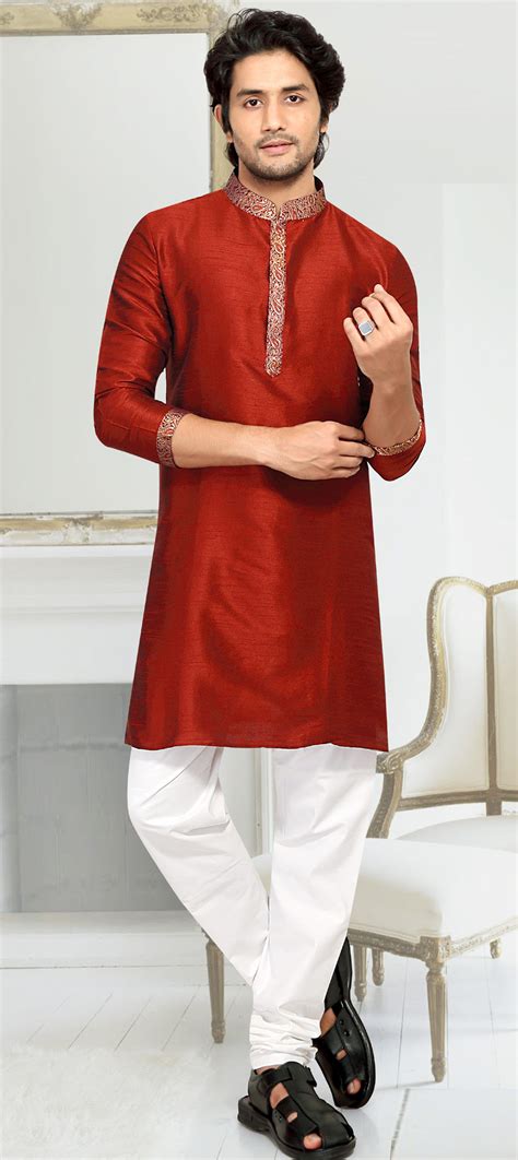 Red And Maroon Color Art Silk Fabric Kurta Pyjamas 1705840