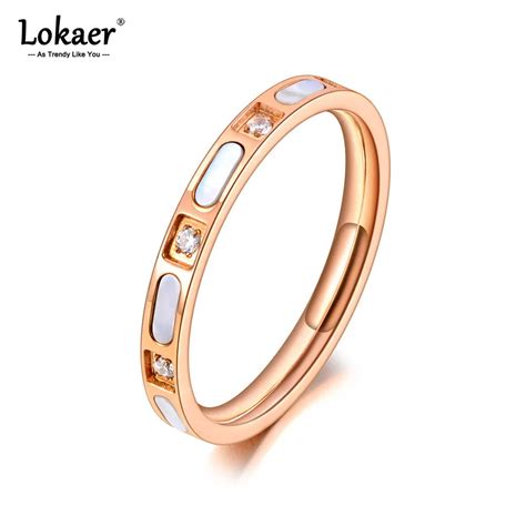 Lokaer Titanium Stainless Steel Fine Brand White Shell Rings Cz Crystal