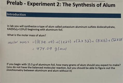 Solved Prelab Experiment 2 The Synthesis Of Alum Chegg