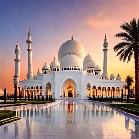 A Painting Of A White Mosque With Palm Trees In The Background