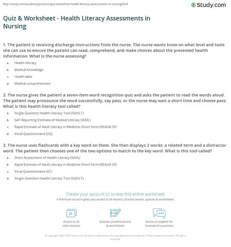 Quiz And Worksheet Health Literacy Assessments In Nursing