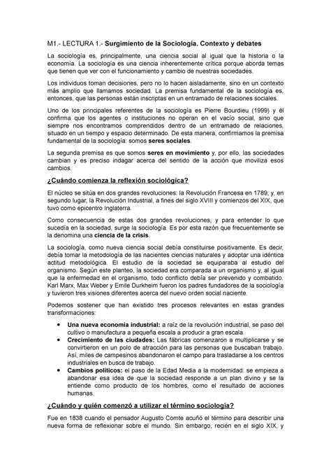 Socio Resumen M1 L1 M1 LECTURA 1 Surgimiento de la Sociología