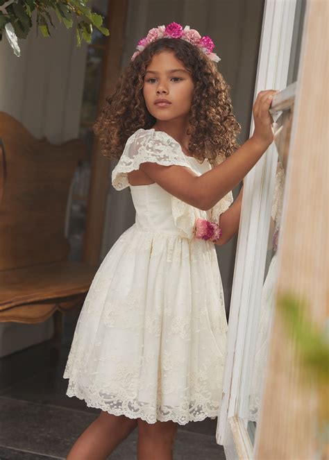 Girl Embroidered Tulle Dress Off White Abel And Lula