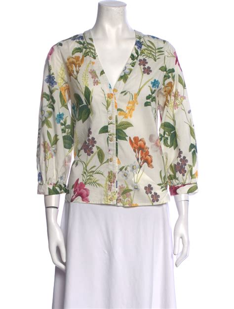 St John Floral Print Turtleneck Blouse Grey Tops Clothing