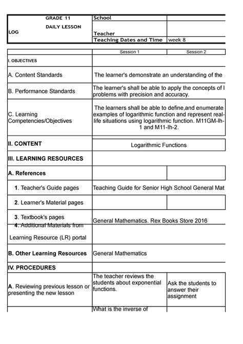 General Math Dll For Shs Week 08 Grade 11 Daily Lesson Log School Teacher Teaching Dates And