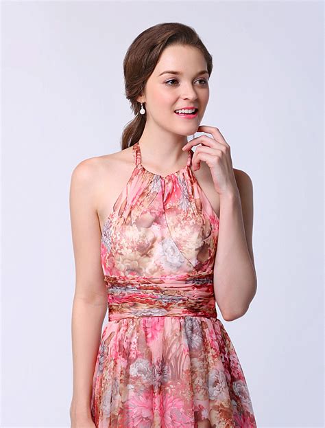 Chiffon A Line Flower Print Prom Dress With Halter Sleeveless Ruched