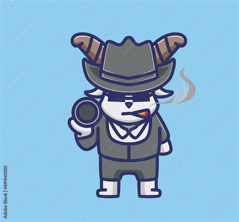 Cute Mafia Goat Wearing Black Suit And Brink A Gun Animal Flat Cartoon