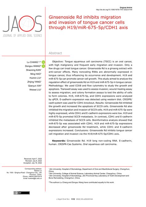 Pdf Ginsenoside Rd Inhibits Migration And Invasion Of Tongue Cancer